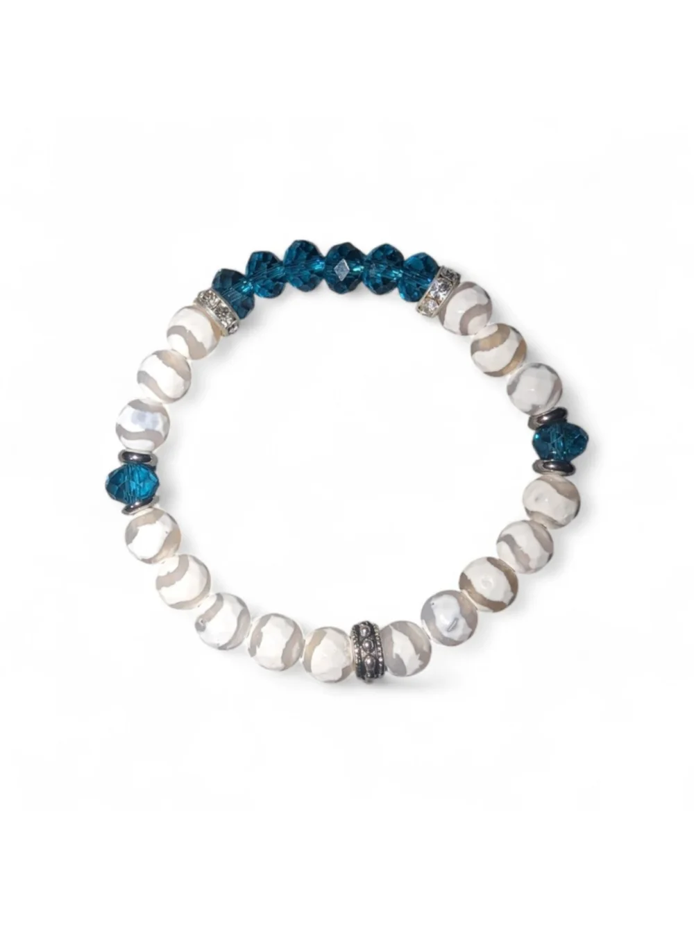 Handmade Teal and White Tibetan Agate Faceted Beaded Stretch Bracelet 6.5